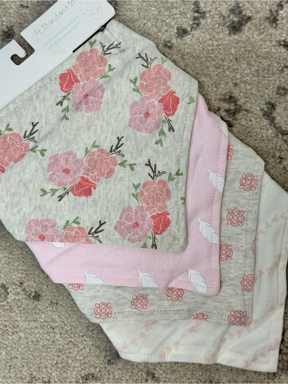 NWT Hudson Baby Girls 4-Pack Pink Floral & Patterned Bandana Bibs